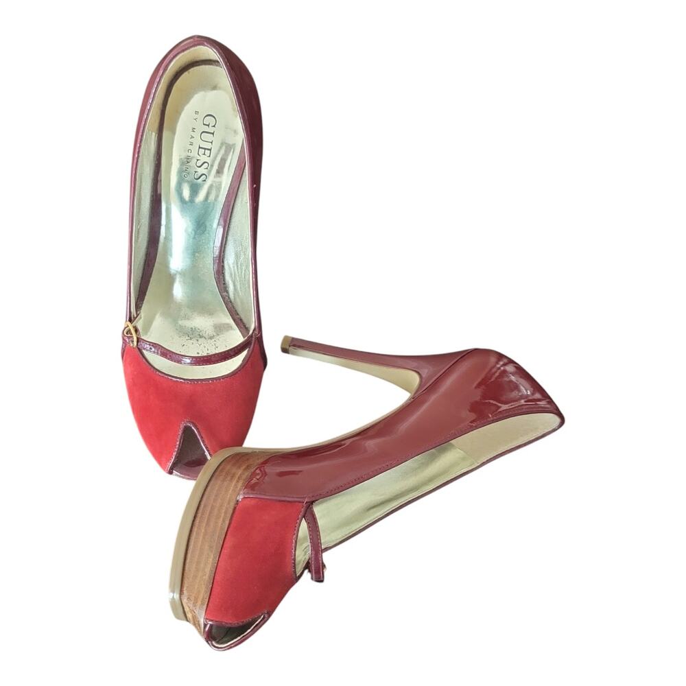Guess By Marciano High Heels Red Suede Leather Peep Toe Women's US 6.5M‎
